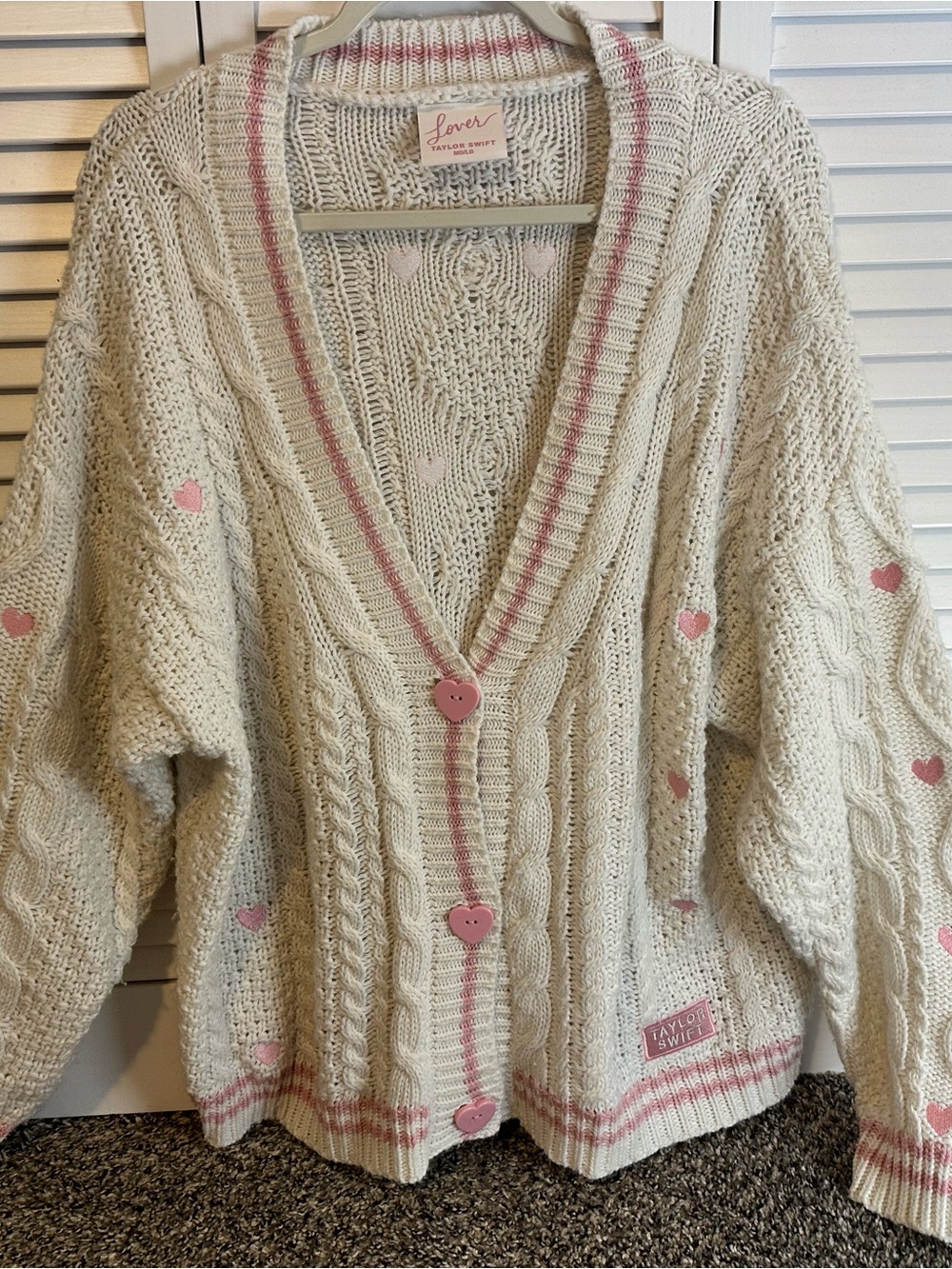 Taylor Swift LOVER Cream Knit Cardigan with Pink Hearts